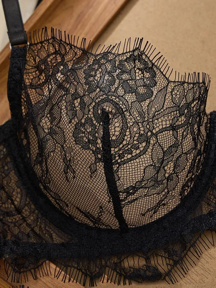 2pcs Ladies' Basic Style Thin Lace Bra And Panty Set Comfortable Seamless Single Layer Romantic Transparent Intimate Apparel — image 5