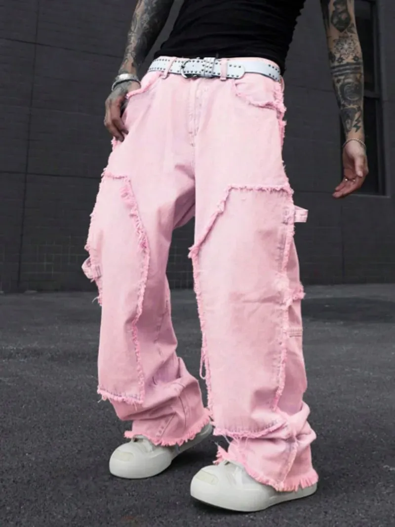 Pink Frayed Wide-Leg All-Season Cargo Denim Jeans