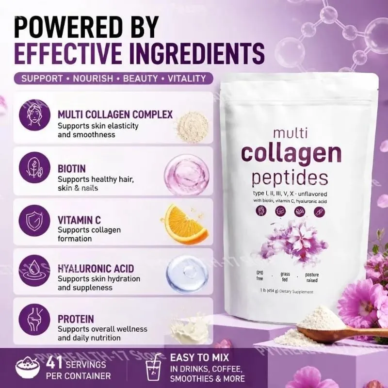 Multi Peptídeos de Colágeno em Pó Tipos I II III V com Biotina Vitamina C e Ácido Hialurônico Suporta Unhas de Cabelo para Pele para Homens e Mulheres — image 3