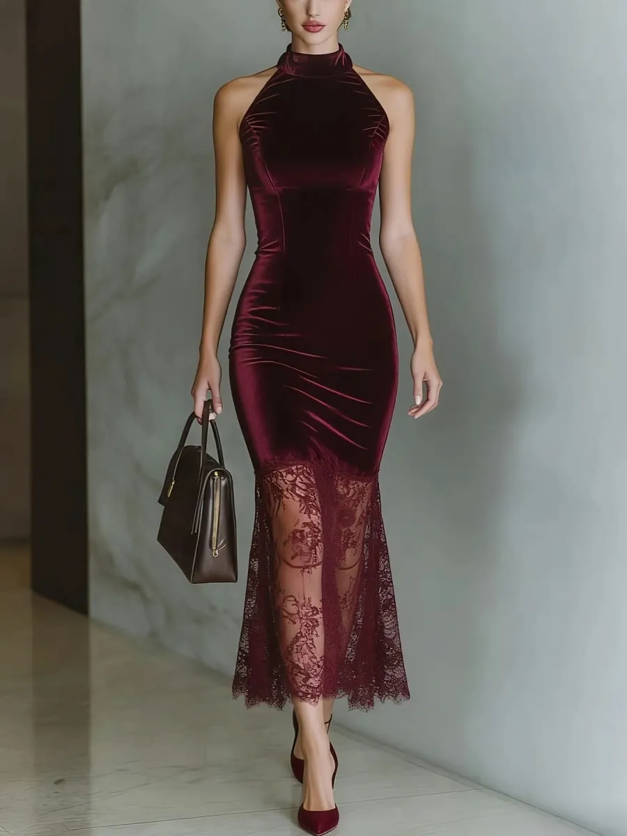 Women High Halter Neck Velvet Midi Dress Sleeveless Bodycon Mermaid Lace Hem Evening Party Formal Dress — image 3