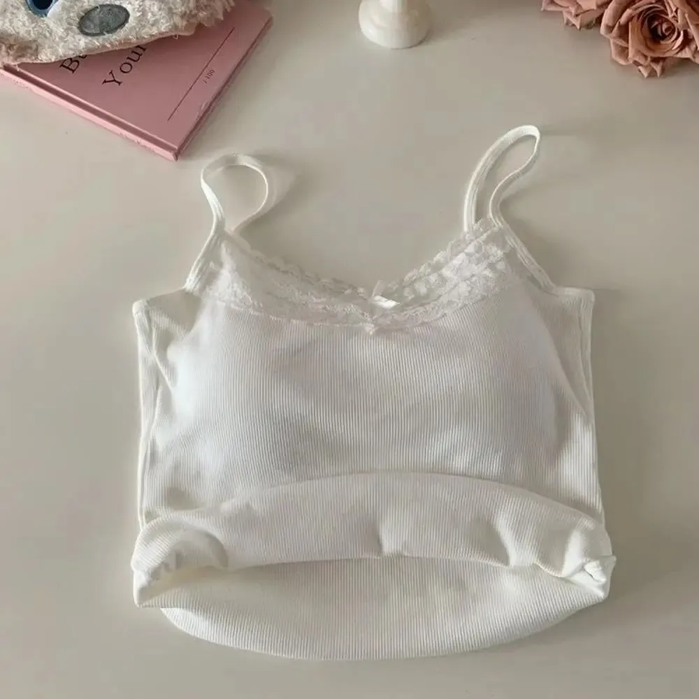 2026 coreano Y2k Crop Top Primavera Verano encaje camiseta sin mangas mujeres recortada lindo Camis chaleco Sexy blanco Crop Tops chaleco sin mangas coqueta
