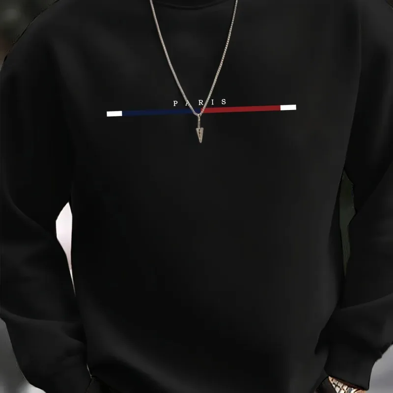Outono e inverno masculino esportes casuais solto oversized paris impressão com lã quente pulôver em torno do pescoço manga comprida moletom — image 1