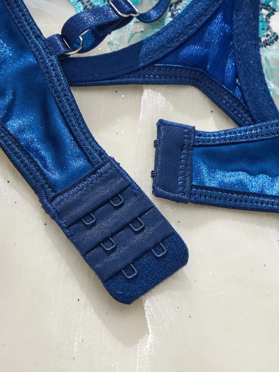 Vintage Blue Satin Lingerie Set Contrast Floral Embroidery Sheer Mesh Underwire Bra Adjustable Strap Thong Panties For Women — image 3