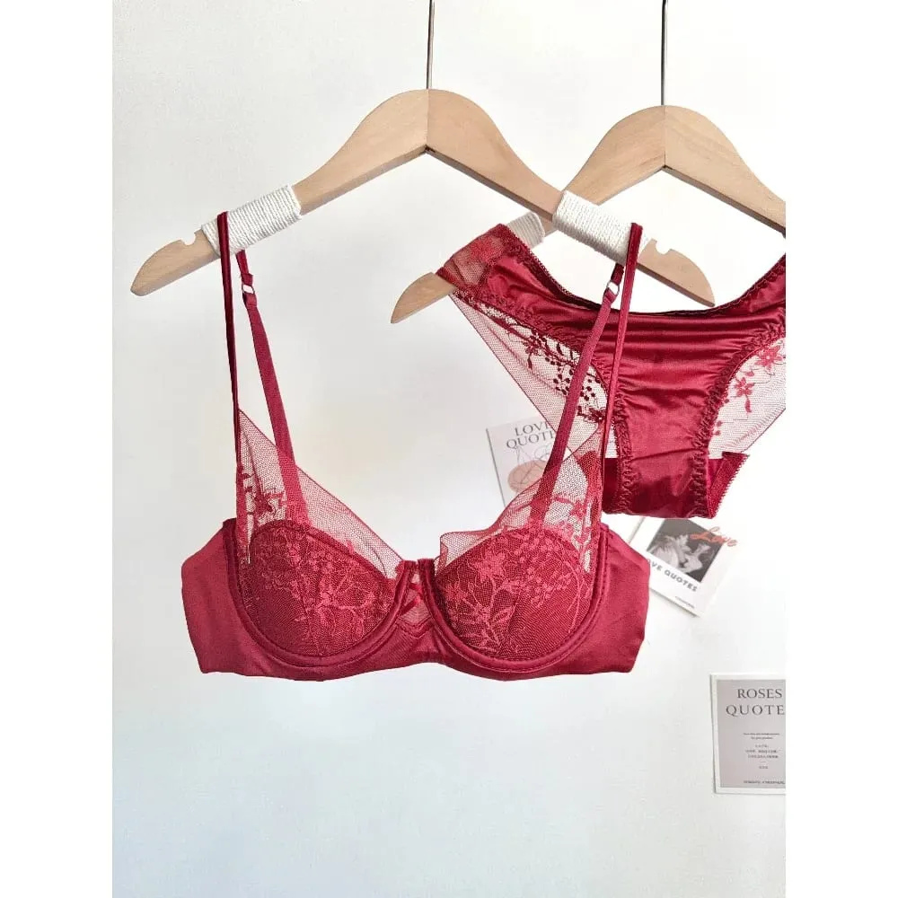 Elegant Lace Lingerie Set Women Soft Underwire Thin Cup Push‑Up Bra Panty Suit For Small Bust Size 32‑38 Daily Home Underwear