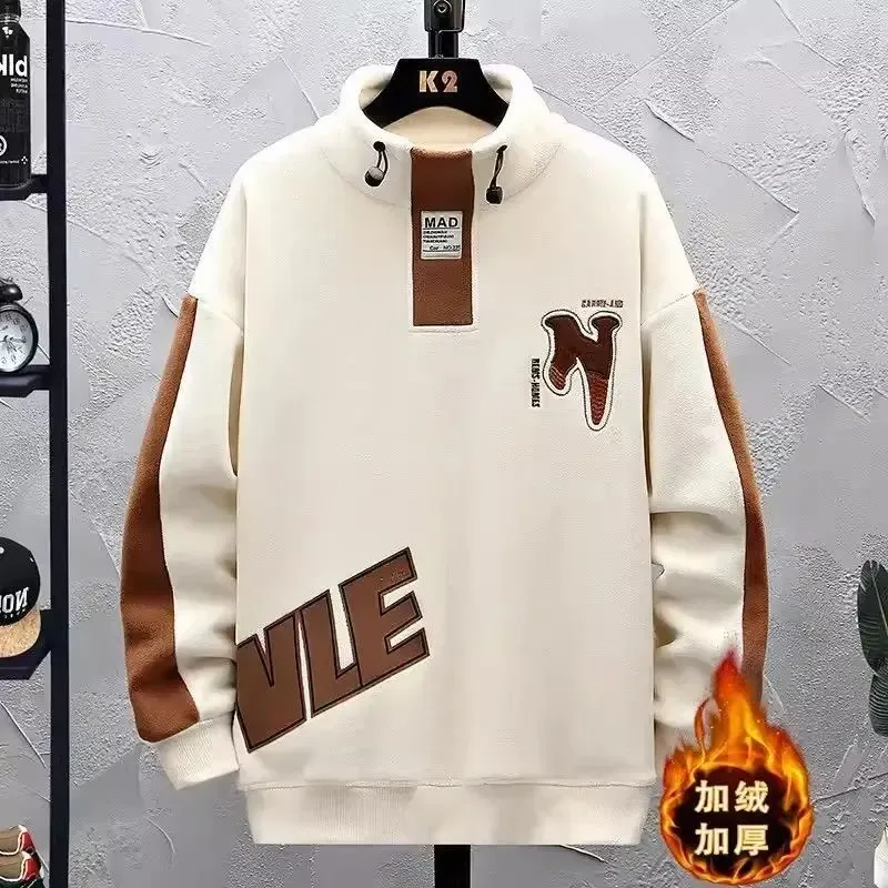 Men Clothing Autumn Winter Contrast Patchwork Thick Casual Hoodies Sweatshirts Long Sleeve Plus Size Fashion Tops Harajuku Trend — image 4