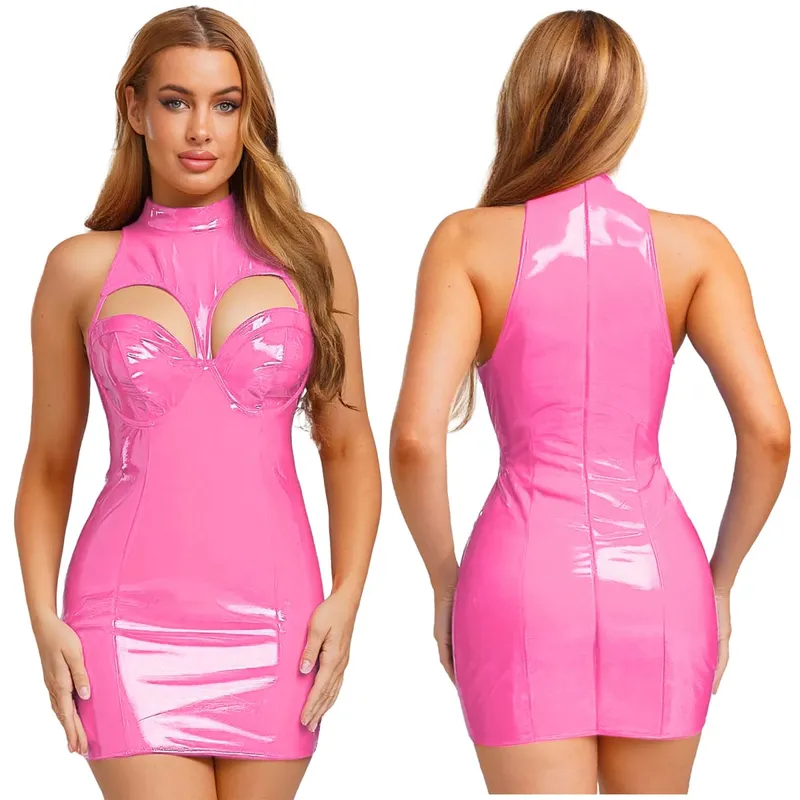 Minivestido feminino de couro pu com aparência molhada, gola simulada, sem mangas, sutiã push-up, bodycon, vestido tubo, roupa de balada para festas raves — image 9