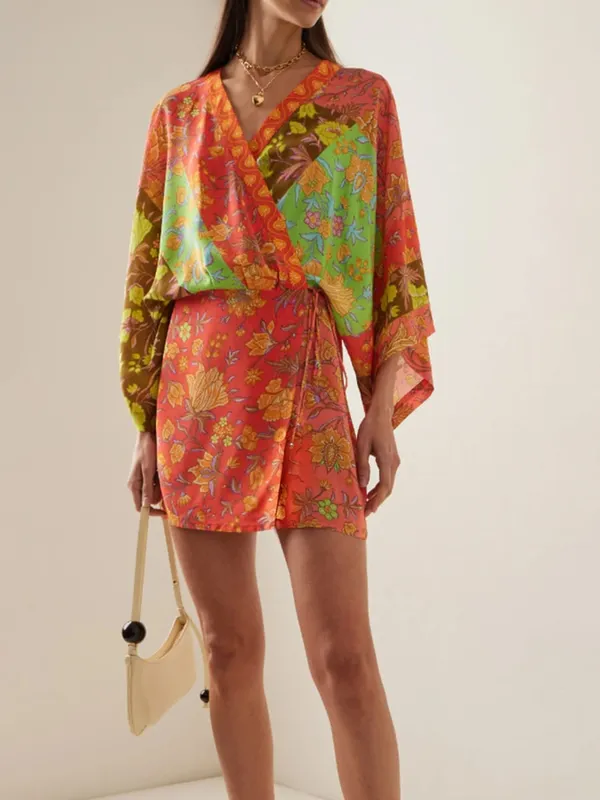 Bohemian Color Block Paisley Print Kimono Wrap Mini Dress Women V Neck 3/4 Sleeve Beach Cover Up Casual Short Dresses Summer 202 — image 8