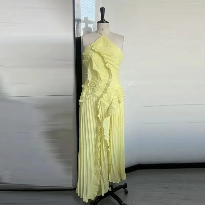 Elegant Neck Strap Ruffles Evening Gown Solid Folds A Line Lace Up Backless Sexy Party Dress 2025 Bagong Party Bakasyon Y2k Robe — image 4