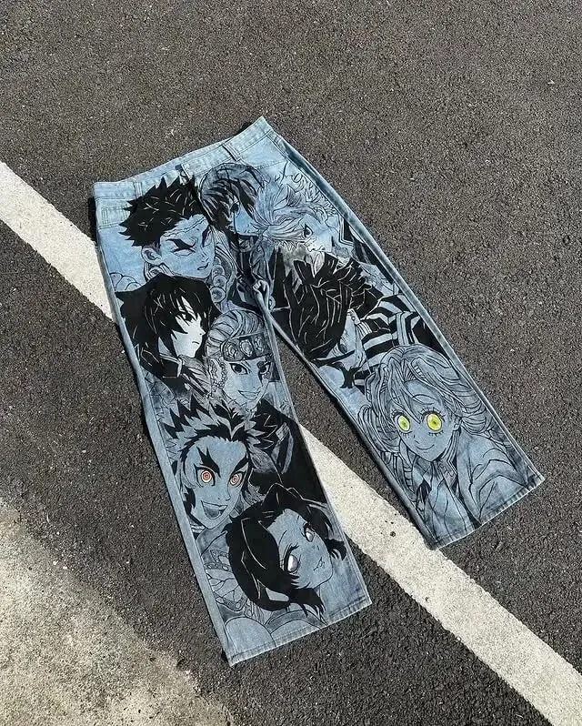 Gothic Japanese Retro Washed Anime Jeans Y2K Clothes Mens Anime Cartoon Character Pattern Baggy Jeans Mid Rise Wide Leg Trousers — image 2