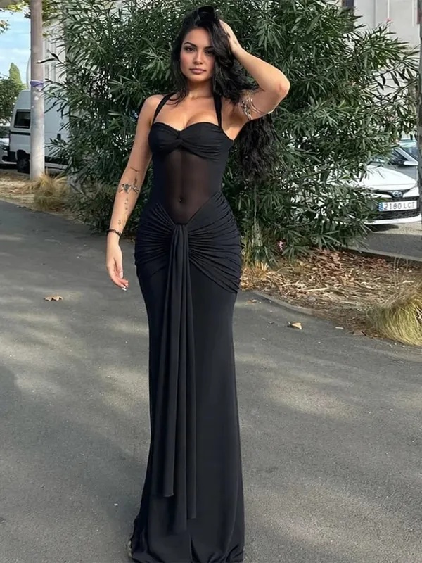 Nibber halter malha retalhos vestido feminino verão tendência fora do ombro sem costas ruched fita meia-noite baile de formatura festa hipster vestidos