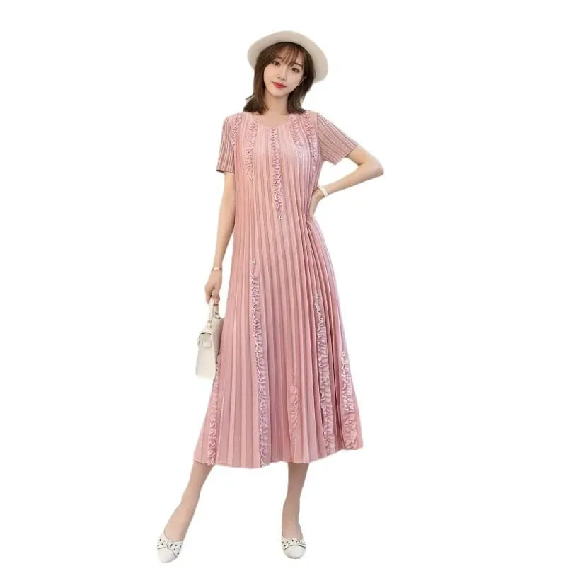 Miyake Pleated Elegant Dresses Women 2026 Summer New Vacation Solid Color Dress Loose Pleats Short Sleeve Plus Size Fold Dress — image 6