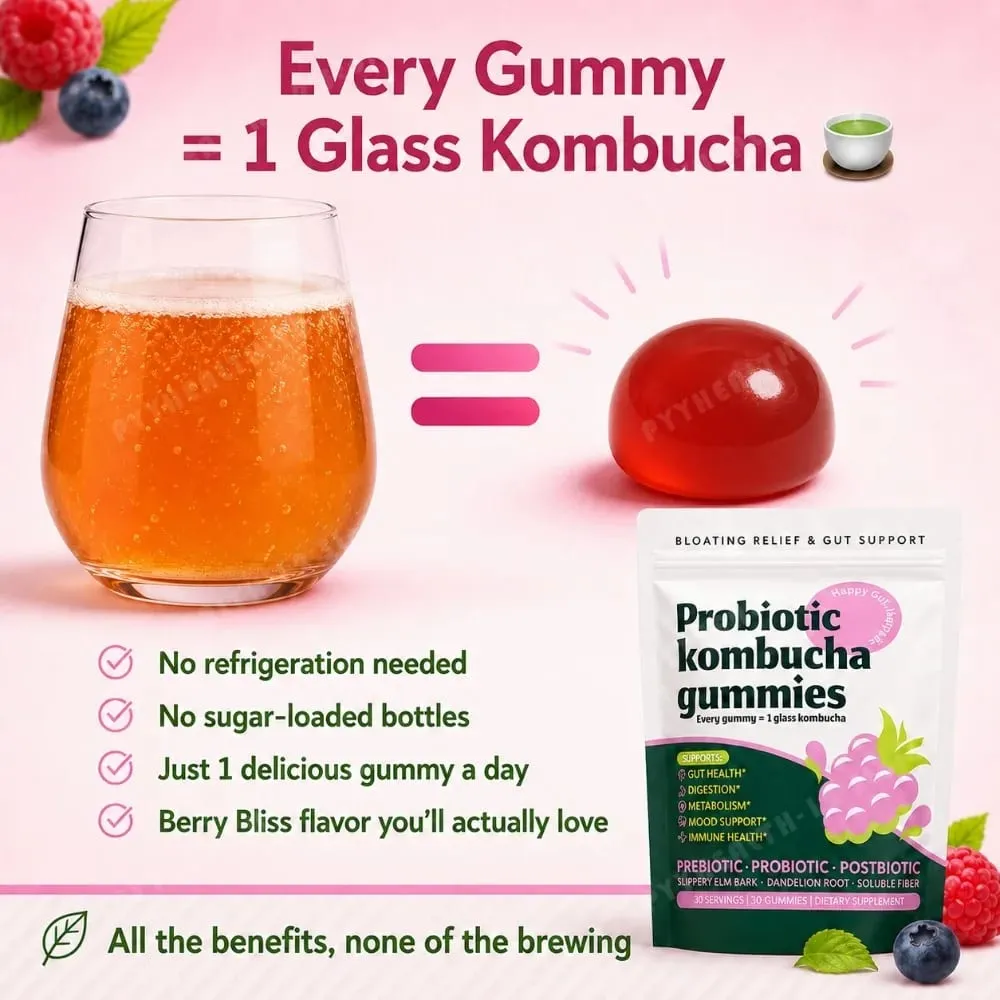 Probiotic Kombucha Gummies Berry 30 Ct Prebiotic Postbiotic Gut Health Digestion Bloating Relief Immune Vegan Non-GMO Supplement — image 4