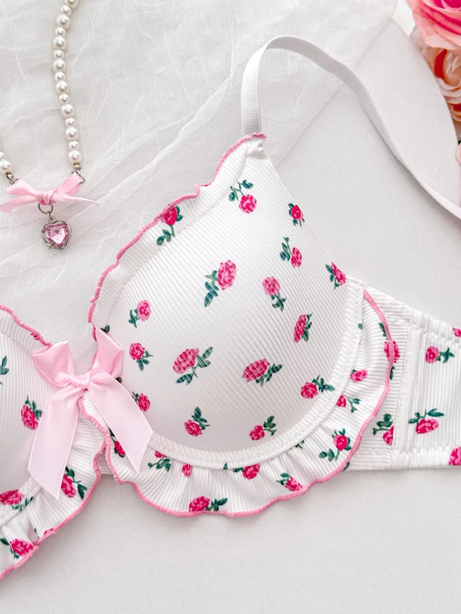 Floral a b c d cup conjunto de roupa interior feminina malha com nervuras push up sutiã diário conforto calcinha feminino babado borda lingerie conjunto — image 4
