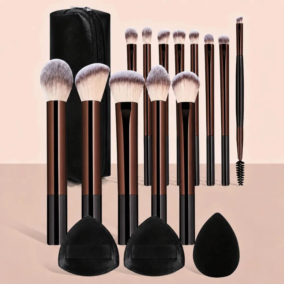 17PCS Professional Makeup Kit Including 13 Aluminum Brushes Carry Bag & 3 Sponge Puffs Powder Eyeshadow Blush and Detail Too — image 1
