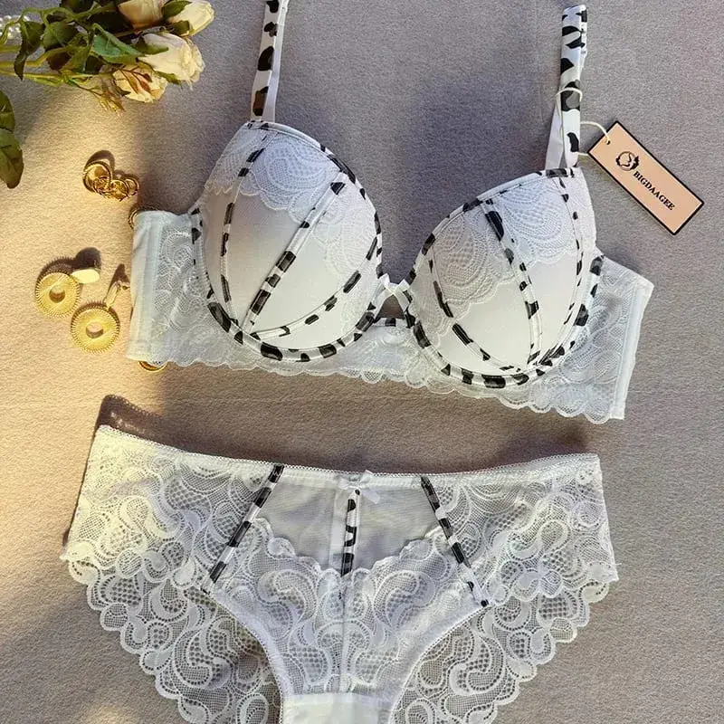 Sexiga kvinnor Push Up BH Europa 3/4 kopp Spets Blommor Broderi Underkläder Set Leopard Bandage Justerbar rem BHar Plus Size BCDE — image 5