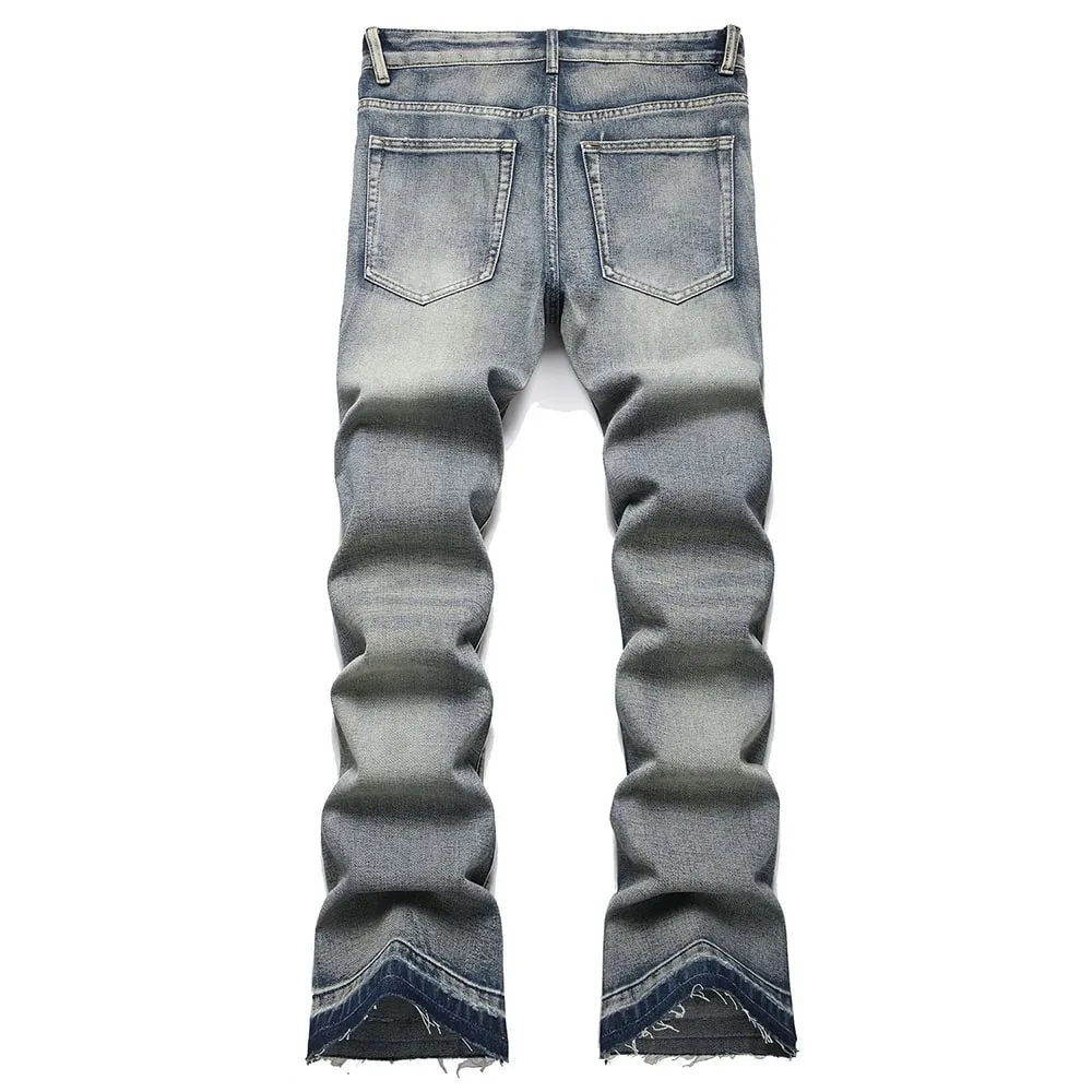 Jeans Boot Cut Pria Celana Hem Dirilis Tambalan Jalanan Celana Panjang Berkobar Bordir Biru Antik