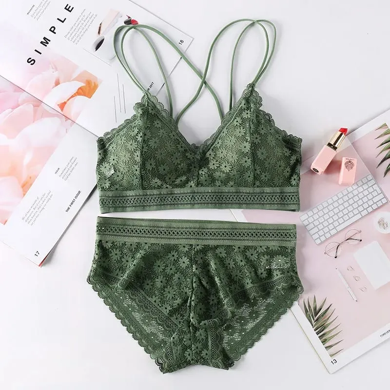 Women's Lace Lingerie Set Cross Shoulder Strap Without Steel Ring Bra Comfortable Support Underwear With Gathering Design — image 9