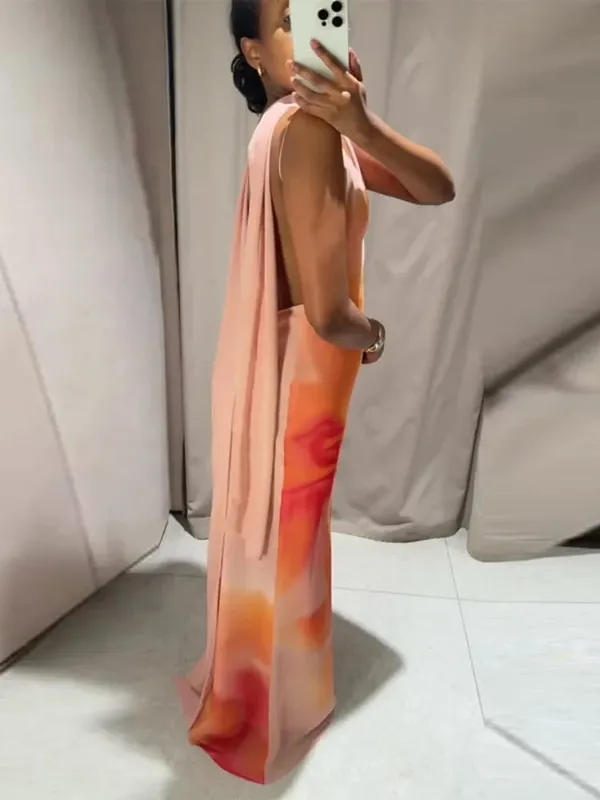 Elegante tie-dye gradiente impressão sling vestido longo com cachecol feminino férias sem mangas sem costas vestido de noite verão férias roupões — image 6