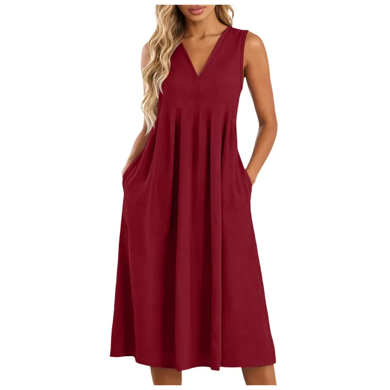 Women Sleeveless Linen Midi Dress Loose V Neck Summer A Line Sundress Lightweight Casual Swing Tank Dresses With Side Pockets