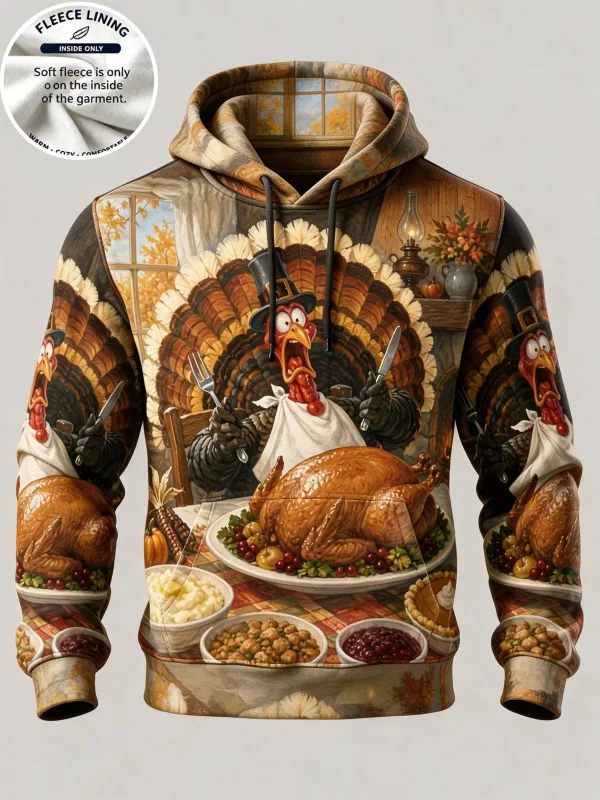 3D Print Thanksgiving Fleece Hoodie Turkey Feast Dinner Full Print Pullover Long Sleeve Kangaroo Pocket Holiday Sweatshirt — image 4