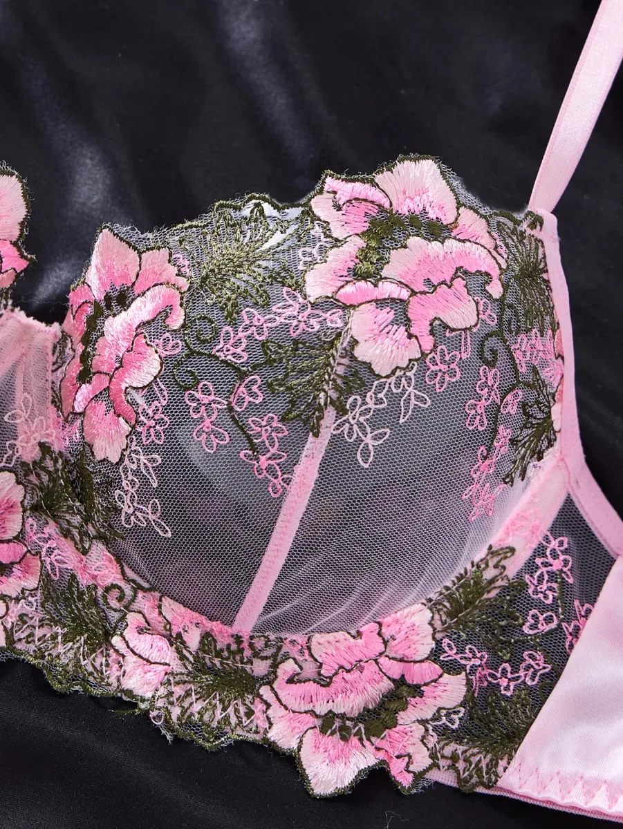 Women Floral Embroidery Lace Lingerie Set Push‑Up Bra & Thong Mesh Satin Intimate Underwear for Daily Nightwear ZA825146 — image 3