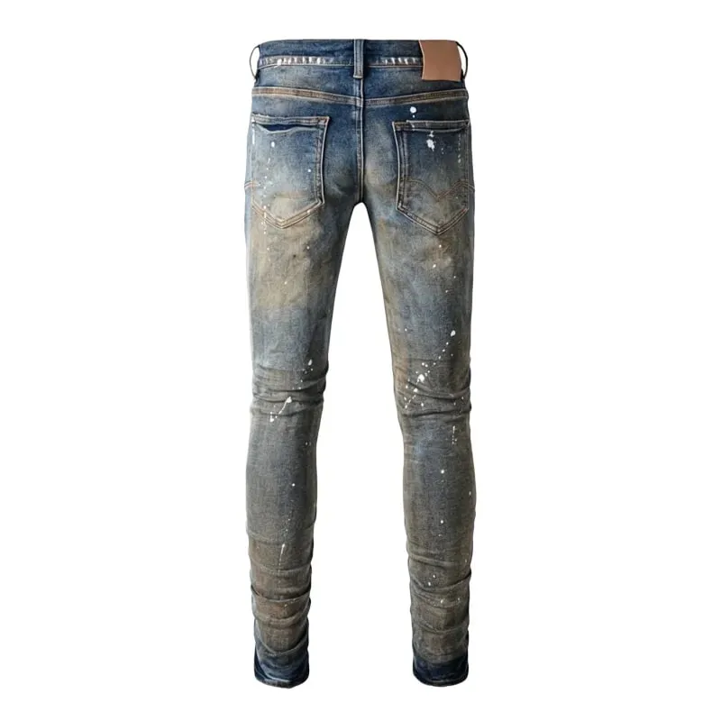Men's Multiple Ripped Slim Tapered Jeans Vintage Blue Gradient Wash White Paint Splatter Button Fly High Street Style — image 2