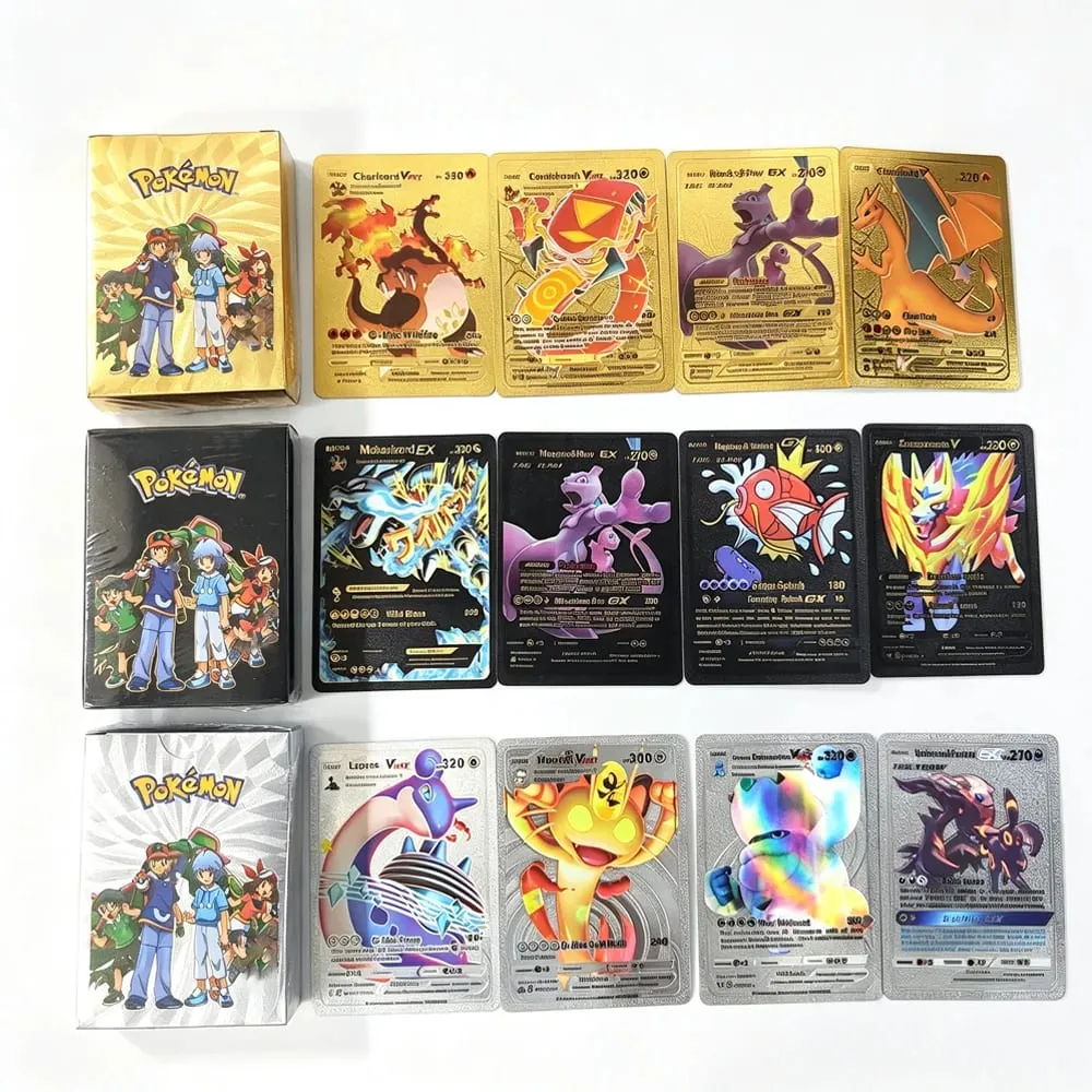 English 10-55Pcs Pokémon Gold Foil Cards Golden Letters English Game Card Charizard Vmax Gx Series Gift — image 3
