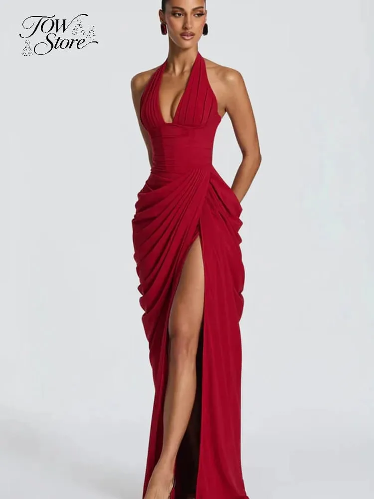 Elegant Solid Pleated Halter Women's Dress Fashion Sleeveless Backless Waist-cinching Split Maxi Dresses Summer Party Gowns 2026 — image 4