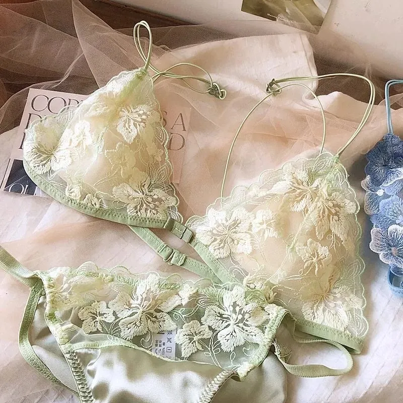 Set Lingerie Ceruk Perancis Bra Nirkabel Cup Segitiga Jaring Bordir Bra Nyaman Seksi Tipis Berenda Retro USA Tushy MOYISU — image 10