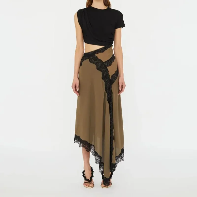Womens Dresses 2025 Spring Summer New Solid Color Hollow Waist Irregular Lace Splicing Round Neck Short Sleeve Casual Dress — image 7
