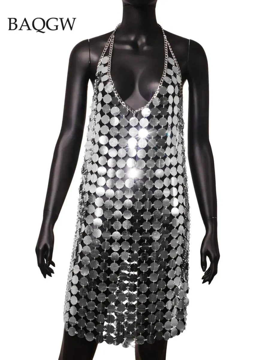 Moda feminina sem mangas sexy sem costas glitter preto ouro chainmail lantejoulas retalhos mini vestidos diana vestido de disco de prata — image 7