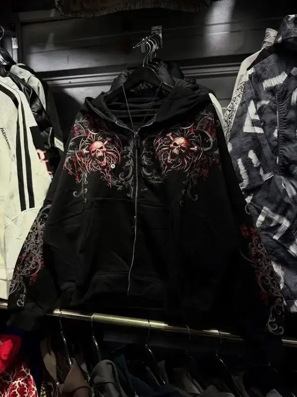 Mens Zip Up Hoodie Azul Escuro Asas Imprimir Gráfico Exclusivo Y2K Streetwear Americano Urbano Pulôver Roupas Juvenis Moletom Com Capuz — image 1