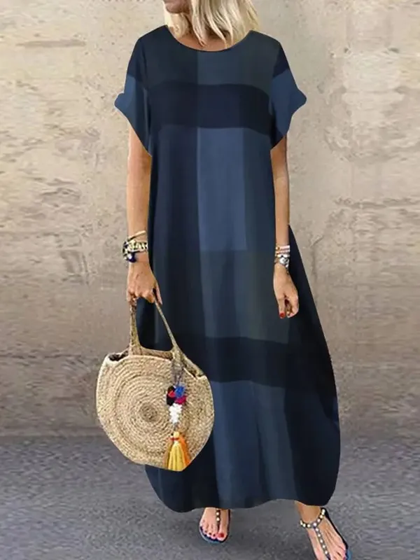 Boêmio xadrez verificado vestido de verão manga curta vestido longo moda férias festa femme casual solto robe 2025 — image 6