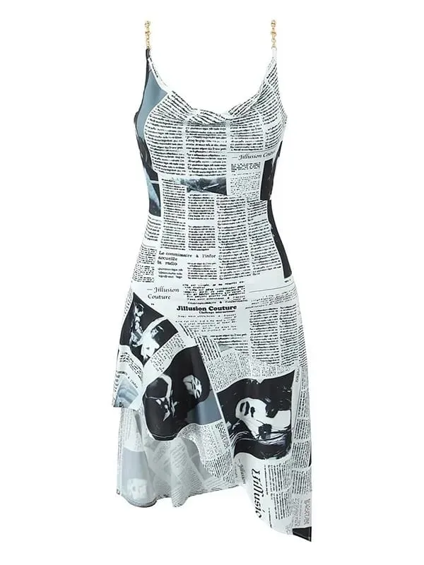 Bagong Pambabaeng Pahayagan ng Letter Print Irregular Hem Sling Dresses Fashion Backless Manipis na Straps Na May Chain Summer Sexy Dress KJH2 — image 3