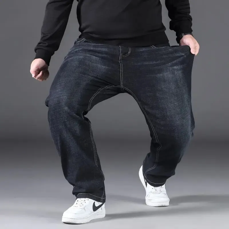 29-50 Sizes Men's Stretch Jeans Straight Leg Denim Pants Extended Sizing Blue Black Streetwear Relaxed Fit For Work Casual New