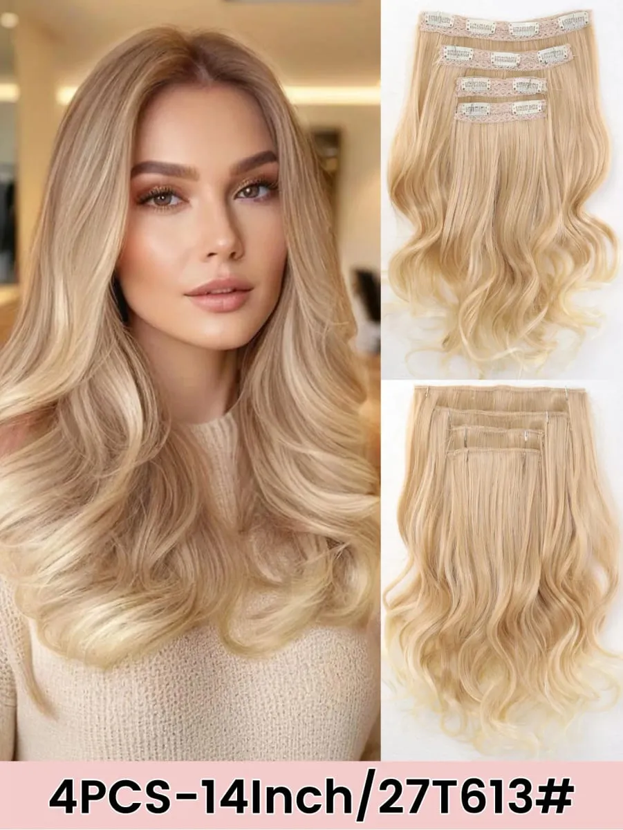 4PCS Full Head 14 Inch Long Curly Wavy Synthetic Hair Pieces Clip In Hair Extensions Natural Wavy For Women Girls Hair
