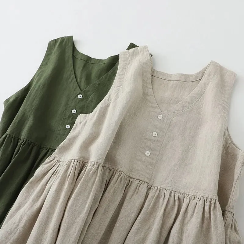 2026 New Women's Cotton Linen Sleeveless Dress Casual Button Down Loose Midi Dresses for Summer Women's Casual Dresses — image 2