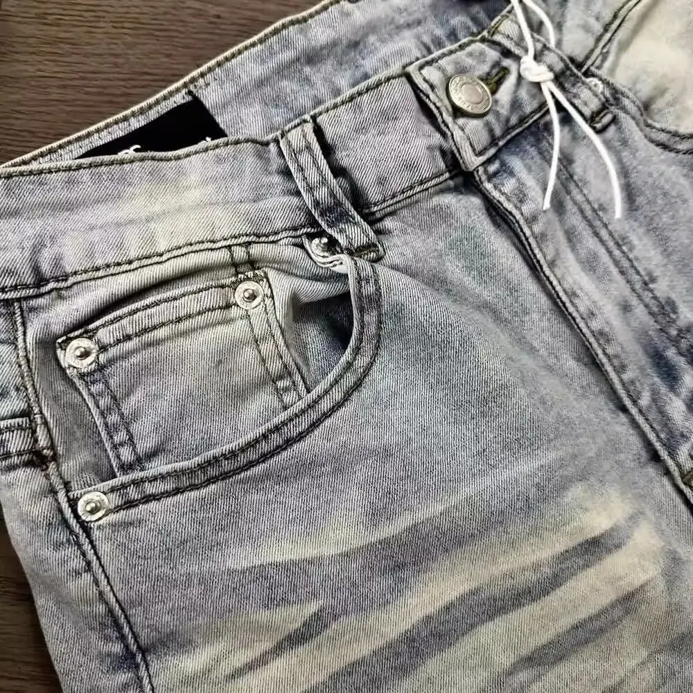 Man Jeans Designer Menswear Clothing Luxury Washed Light Blue Cat Whisker Slim Elastic Jeans Men's Thin Straight Scimitar Pants — image 3