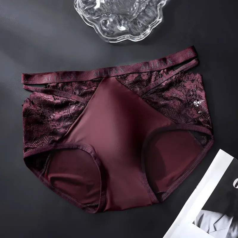 Calcinha feminina para homens sexy renda oco cintura briefs respirável u convexo bolsa underpant macio rendas seda gelo emenda roupa interior — image 9