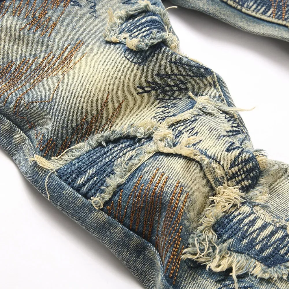 Men Embroidery Patch Boot Cut Jeans Patchwork Stretch Denim Slim Flared Pants Vintage Blue Streetwear Trousers — image 4