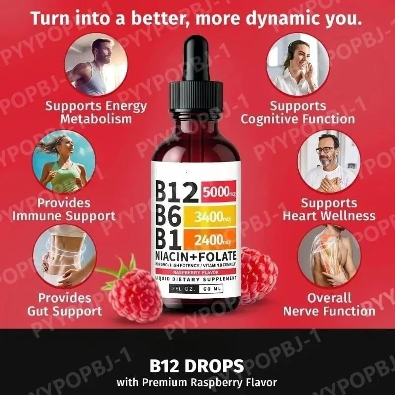 Bitamina B12 Liquid Drops 60ml Raspberry Flavor na may Vitamin B6+B1 Etc Multivitamin Support Energy Recovery at Brain Heart Health — image 5