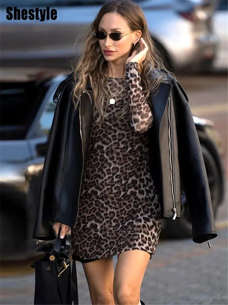 Shestyle Leopard Sexy A-Line Dress Women Two Piece Sets Mesh See Through Fashion Extremely Hot High Street Animal Print Naka-istilong — image 5
