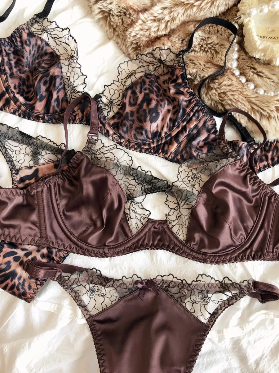 French Ultra Thin Women Lingerie Set Sexy Satin Lace Splicing Comfort Bras Leopard Print Temptation Bra and Thong Sets Underwear — image 3