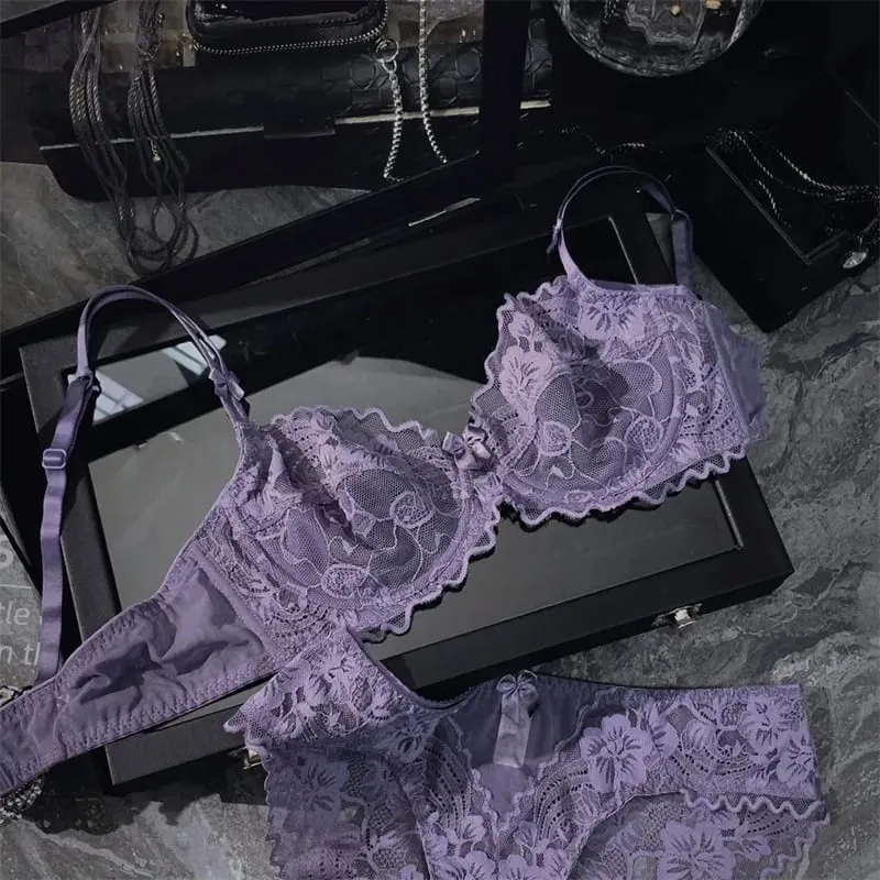 Chic French Ultra-thin Lace Lingerie Set Large Breasts See-through Underwire Bra small Bust Lift Elegant Soft Feminine Set S-xl — image 4