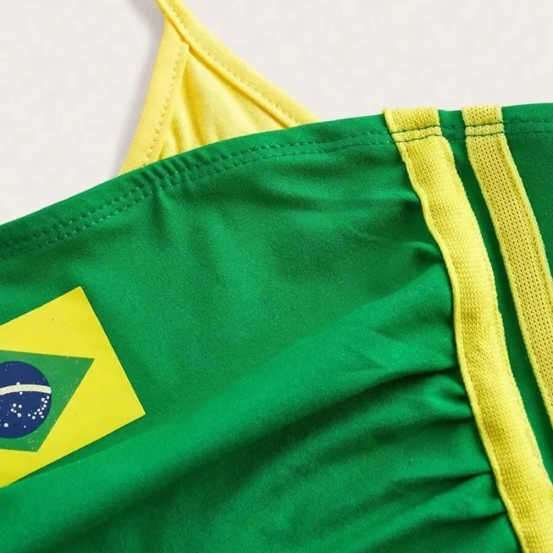 Women Brazil Flag Print Halter Crop Top Y2K Color Block Sling Cami Top Ruched Sleeveless Tube Tank Top Streetwear Summer Vest — image 4