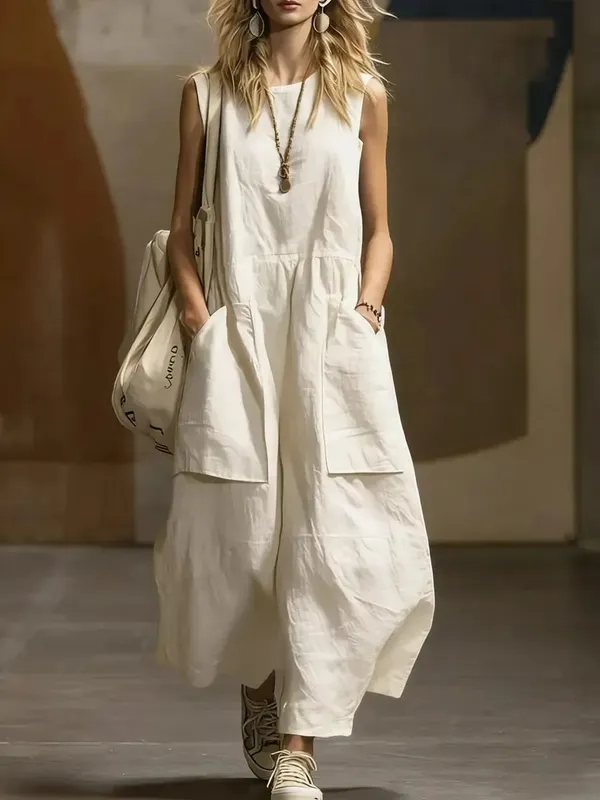 2026 Summer Loose And Simple Sleeveless Cotton And Linen Women's Dress New Fashion Casual Pocket Female Holiday Long Dresses — image 8