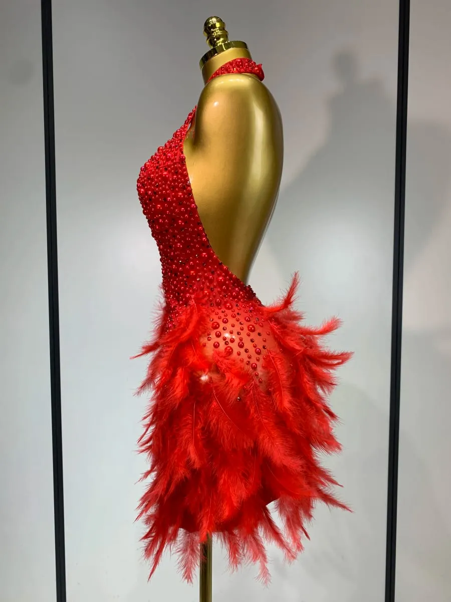 Luxo strass pérolas halter sem costas curto penas vestido feminino sexy celebrar aniversário vestido desempenho traje de dança — image 3