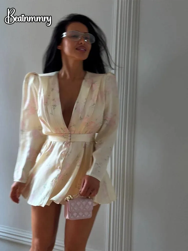 Women Stain Floral Printed V-neck Waist-cinched Pleated Mini Dress Deep V-neck Long Sleeve Button-front Dresses Lady Party Robe — image 4