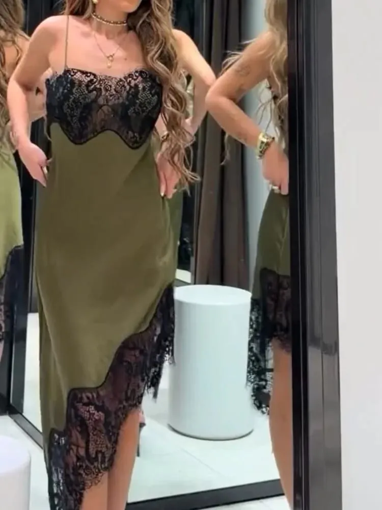 Chic renda retalhos cetim camisola vestido sem mangas ver através de vestidos de bainha irregular 2026 nova festa diária ao ar livre traje casual — image 3