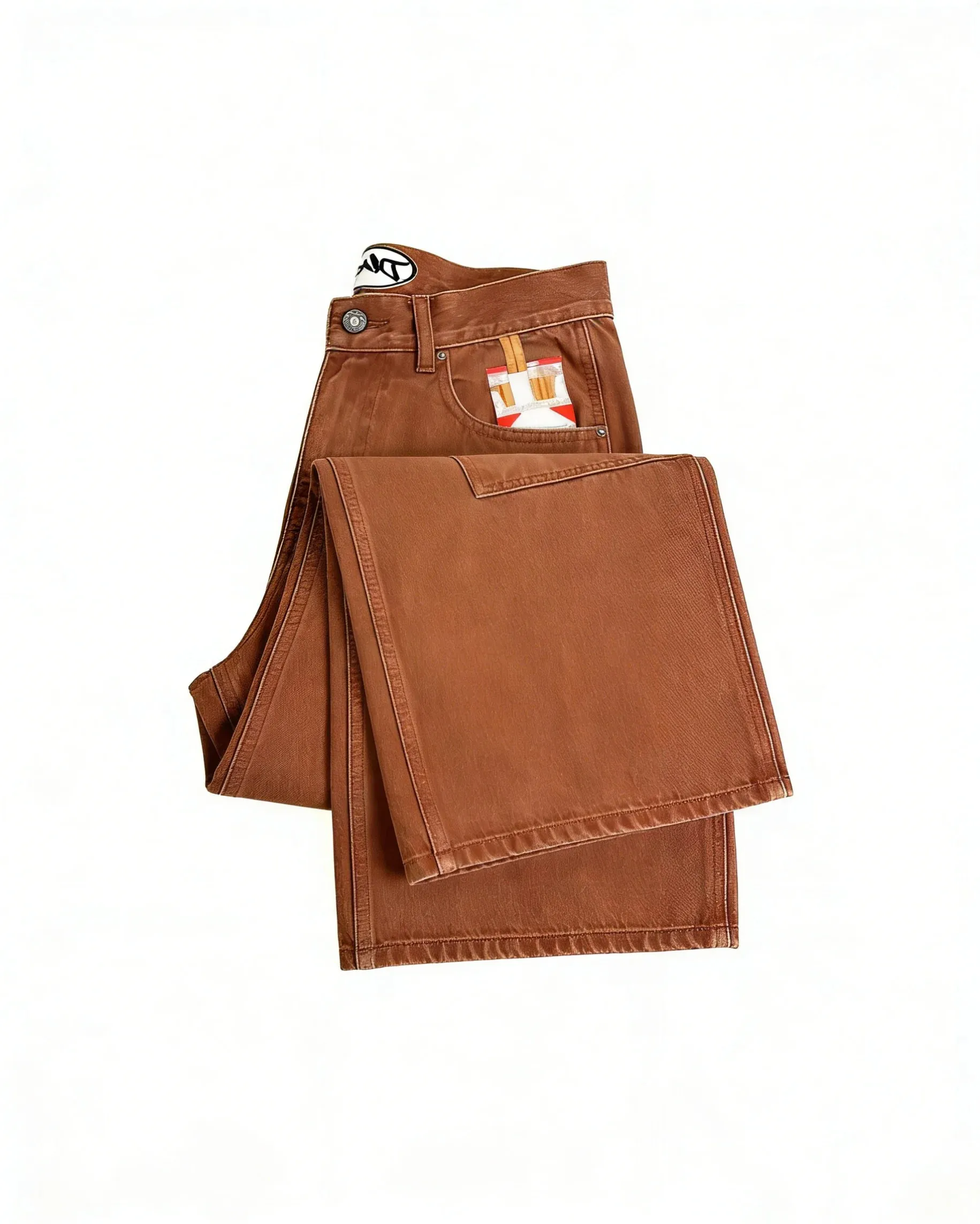 Mens Streetwear Brown Washed Denim Carpenter Pants Cigarette Pattern Pocket Loose High Waist Wide Leg Casual Jeans Daily Wear — image 2